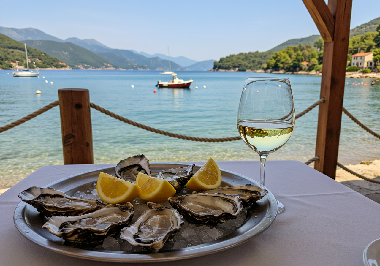 Oysters in a white plate with lemon and a glass of wine in Kotor, Montenegro