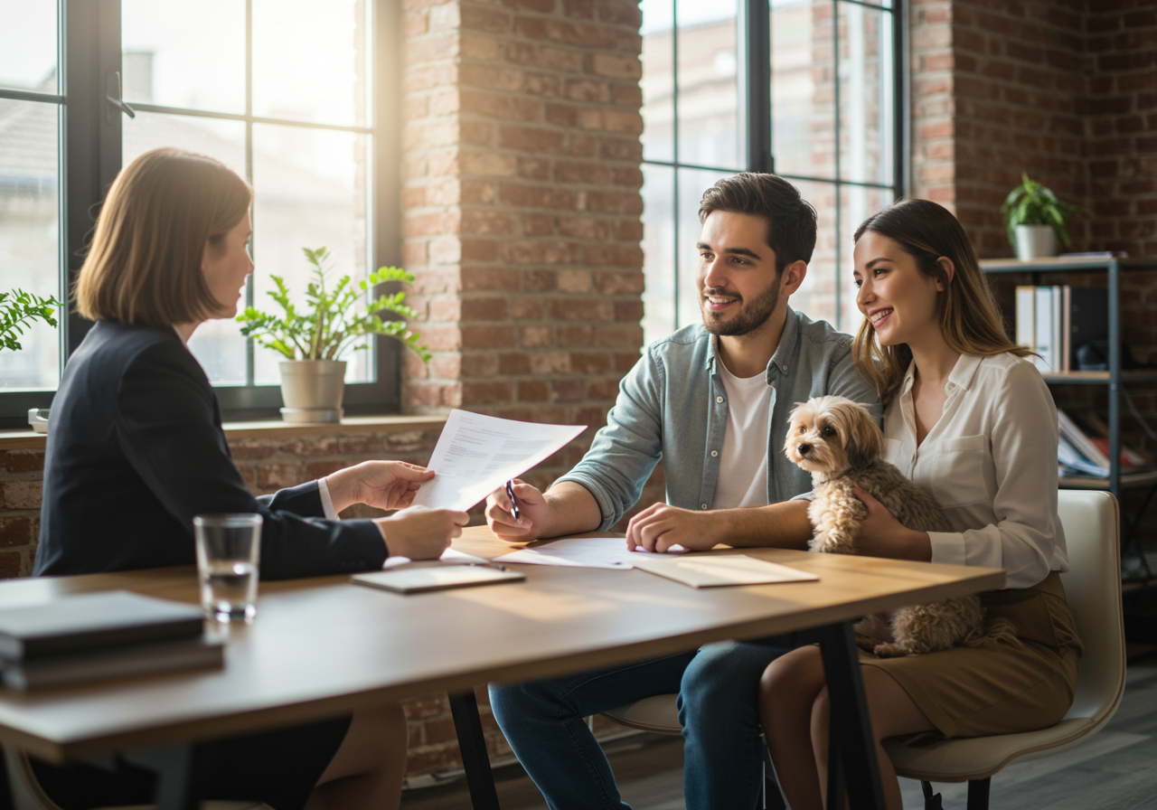 appy couple with dog discussing home purchase with a mortgage loan officer in a cozy office setting.