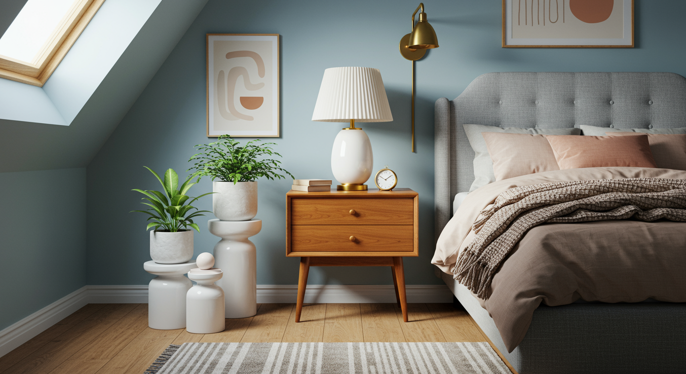 A blue bedroom with a bed, side table and tall, structural, white plant holders.