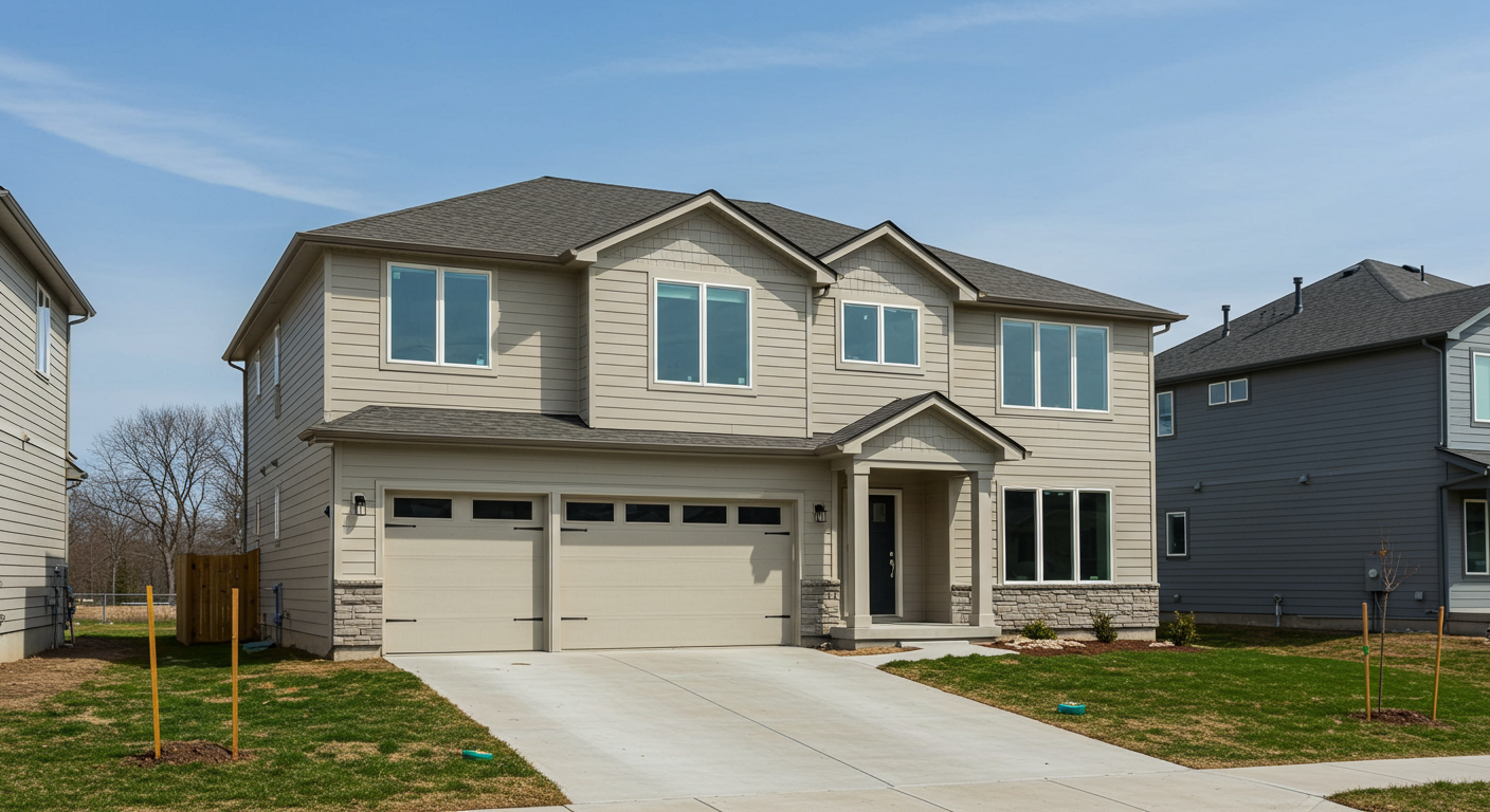 Two-story beige house with a two-car garage, stone accents, and a wide concrete driveway.