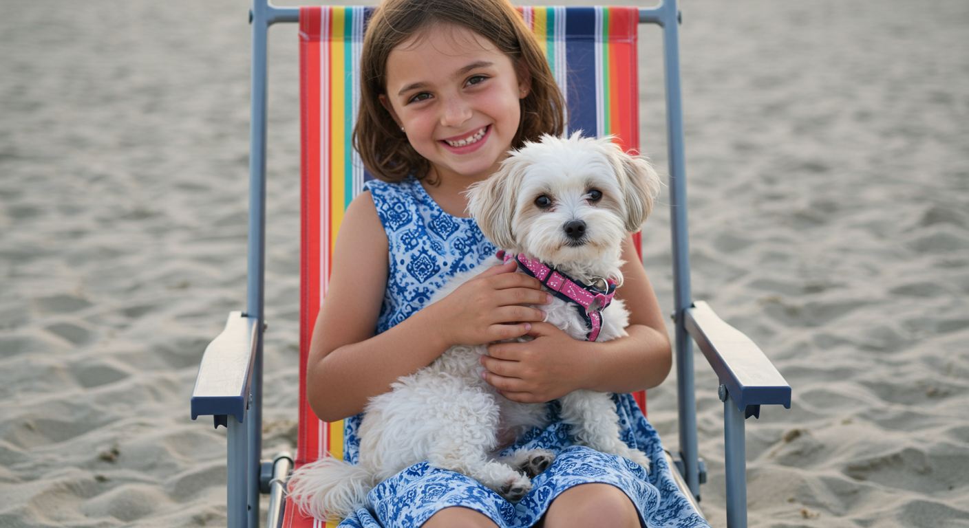 girl with dog sitting on the beach