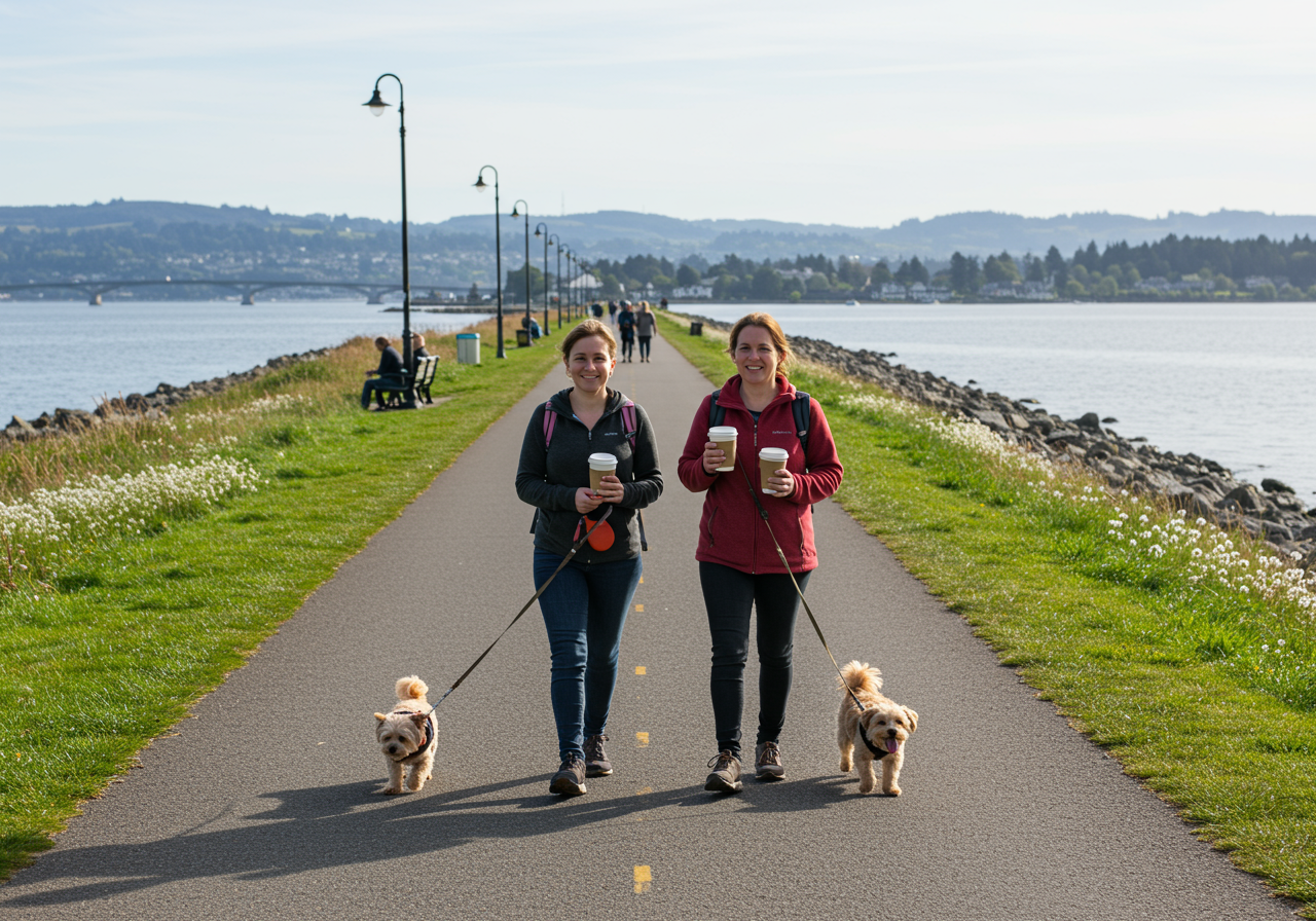 Dog running near the water at Point Isabel Regional Shoreline with scenic East Bay views.