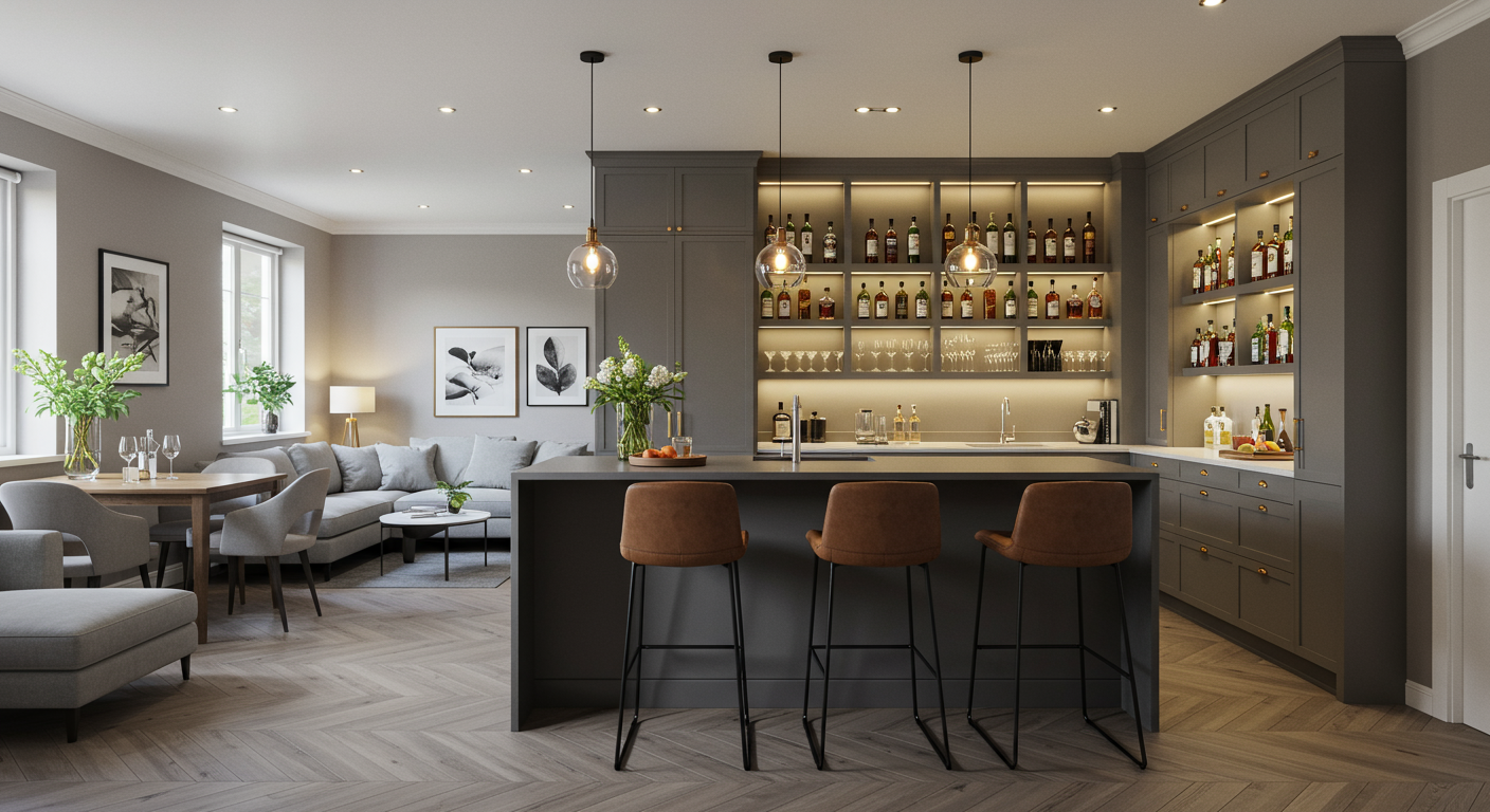 Home bar with island and bar stools