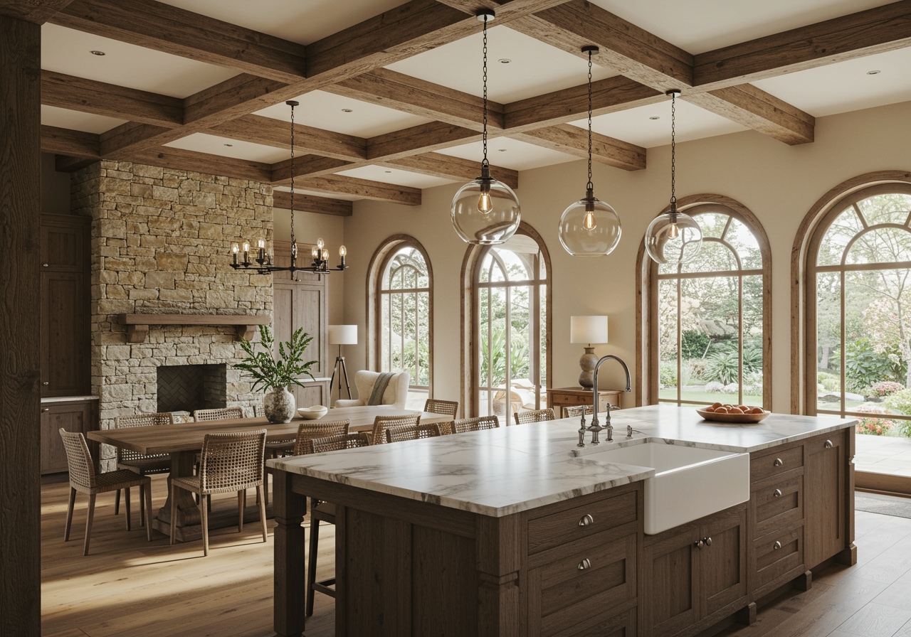 Open layout kitchen and dining room with wood beamed ceilings and retractable walls of glass at 22355 Starwood Drive, Yorba Linda