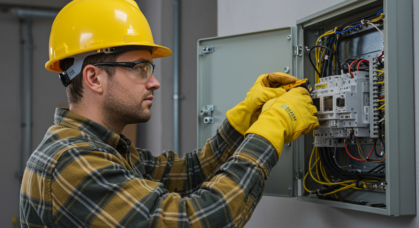 A man with a yellow helmet doing maintenance work around the house