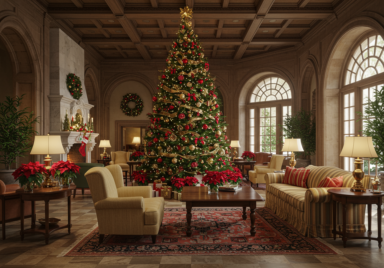 Interior of San Diego hotel Fairmont Grand Del Mar hosting a Christmas dinner buffet 