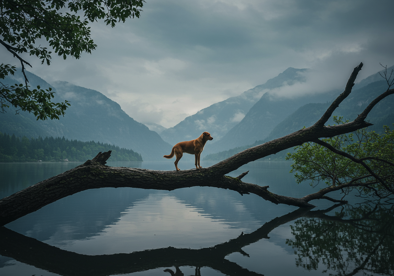 A dog standing on a tree truck over a lake with fog in the background.