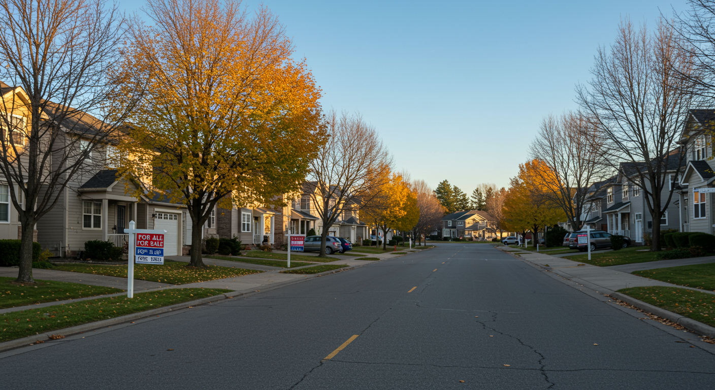 Residential street lined with homes, autumn trees, and for-sale signs.