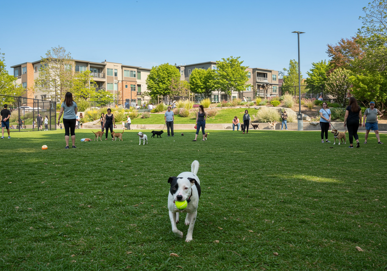 Fenced dog area at Lafayette Park with manicured lawns and shady trees in Pacific Heights.