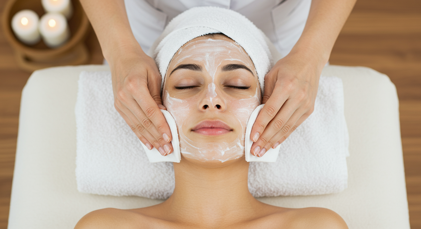 A women receiving a facial massage with eyes closed.