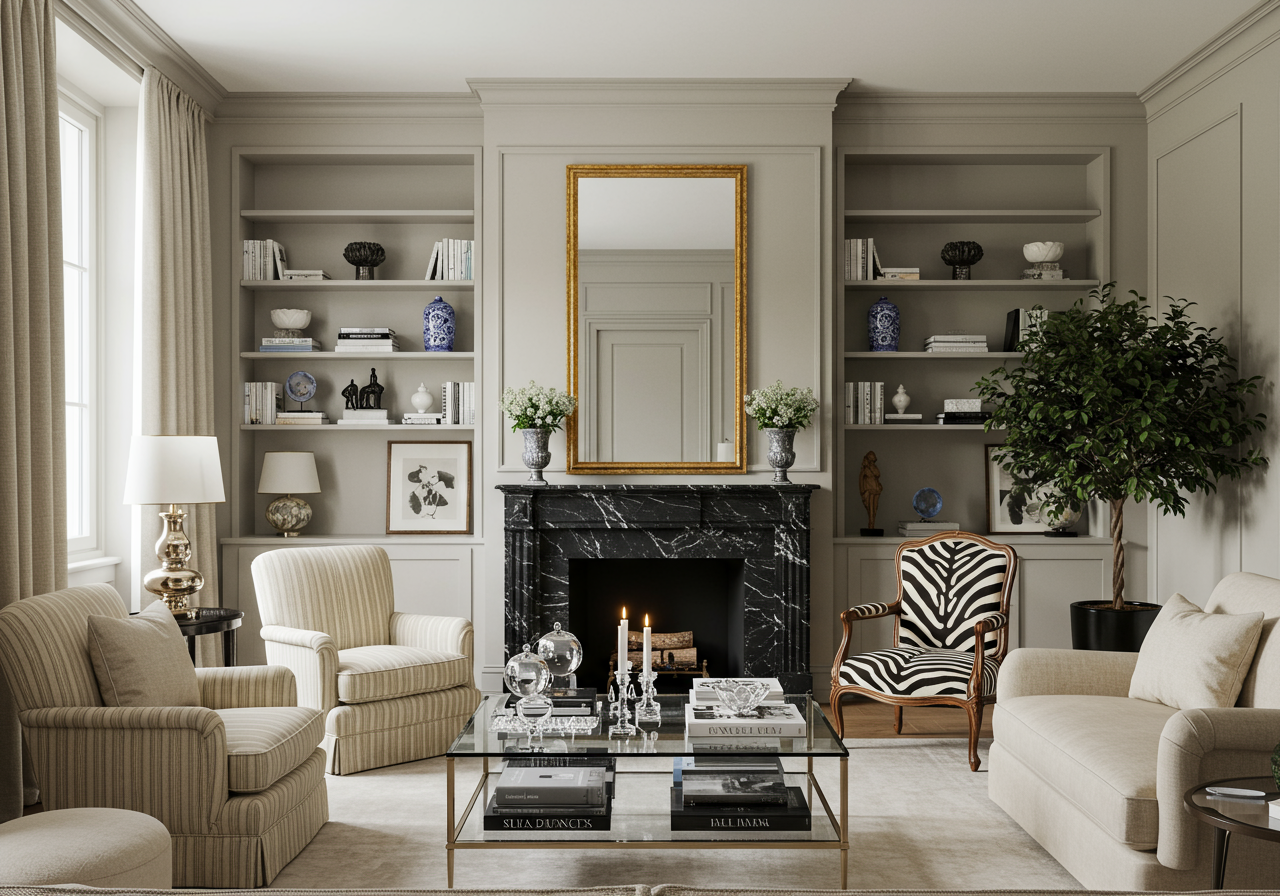 Elegant living room with cream slipper chairs, Louis-style accent chairs, and large mirror with mirrored frame.