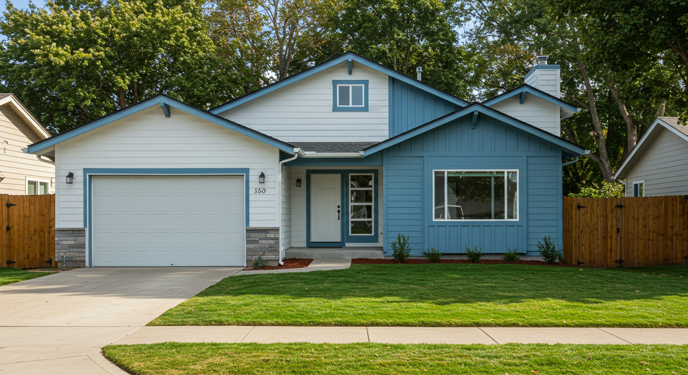 White and blue house beside a fence and trees