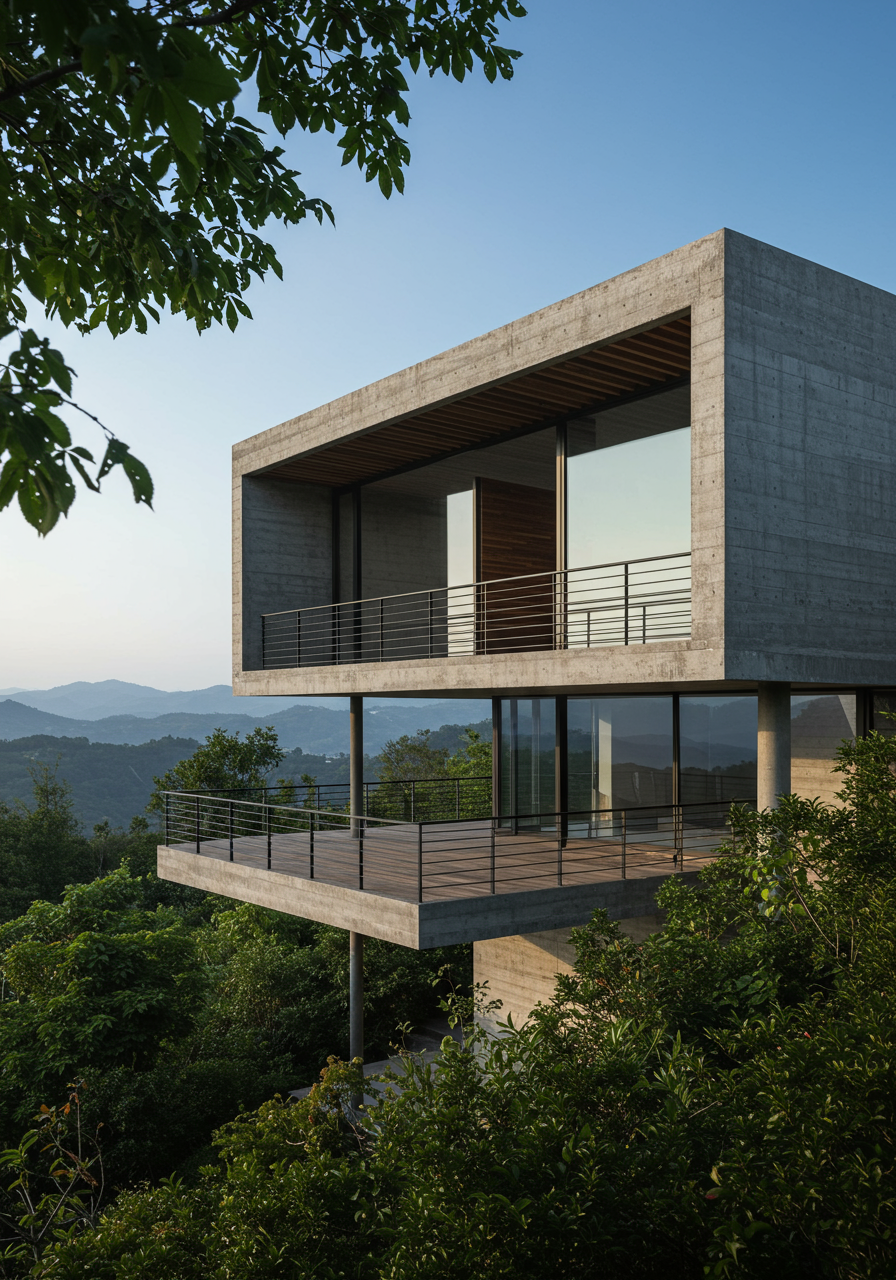 The pool deck living room and primary bedroom are stacked on the north side of the house. The architecture frames and...