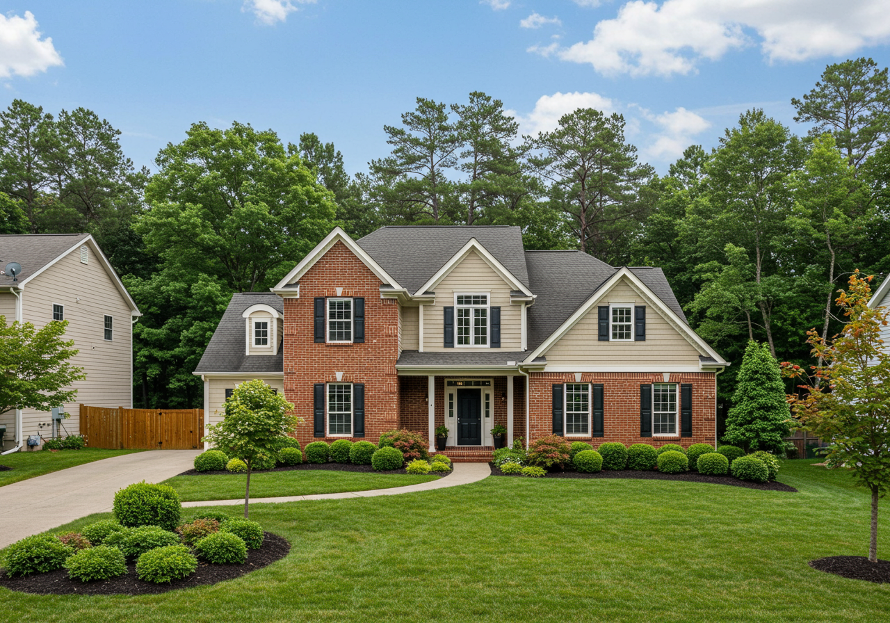 Two-story brick and beige-sided house with a gabled roof, covered entry, and landscaped front lawn.