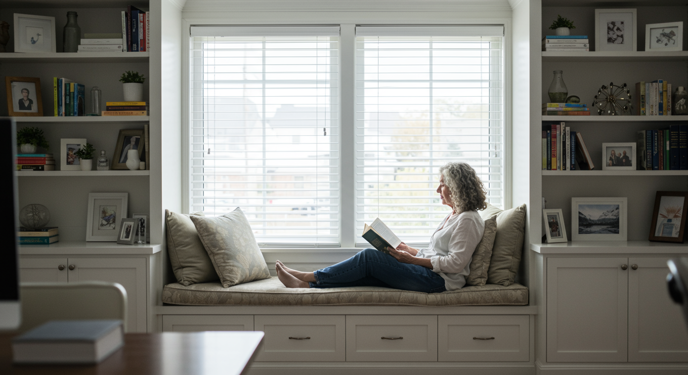 Built-in window seat with storage drawers and bookshelves, where a woman reads by wide windows.