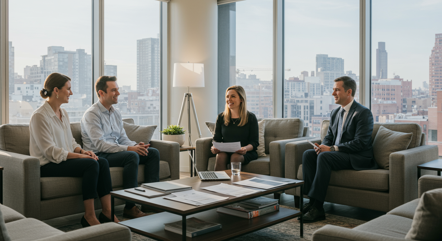 Four people discuss documents in a high-rise living room overlooking the city.