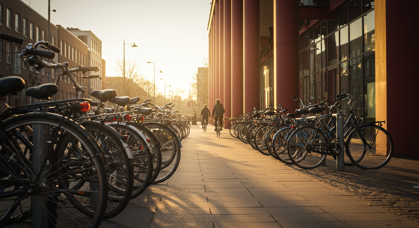 A row of bicycles parked in front of a MARTA rail station in a bustling cityscape.