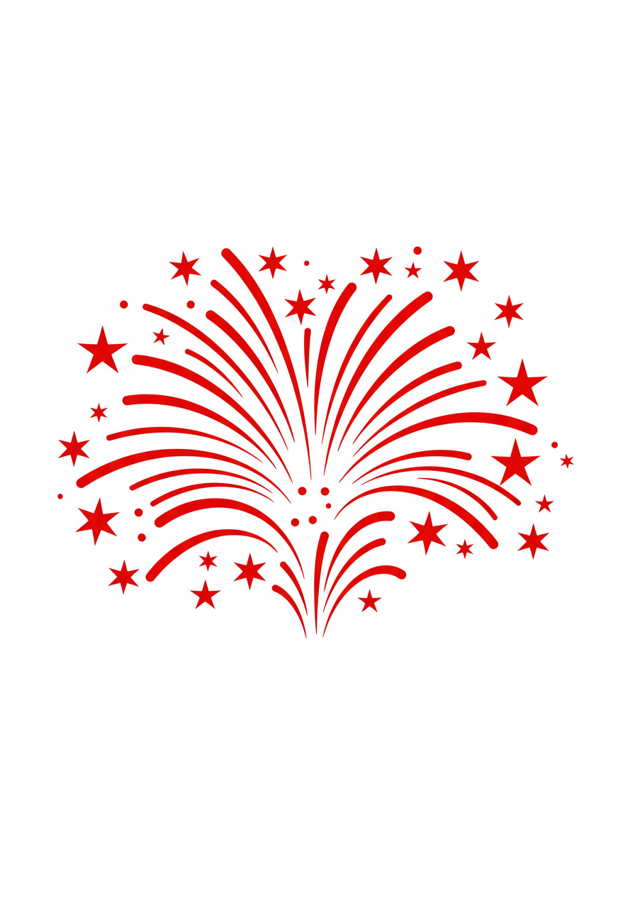 Red fireworks burst surrounded by stars.