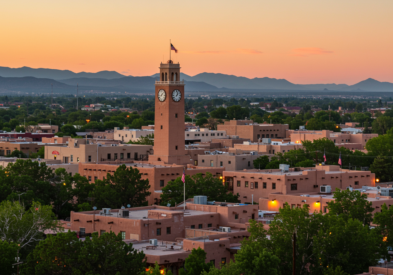 Santa Fe, New Mexico, USA downtown skyline at dusk.