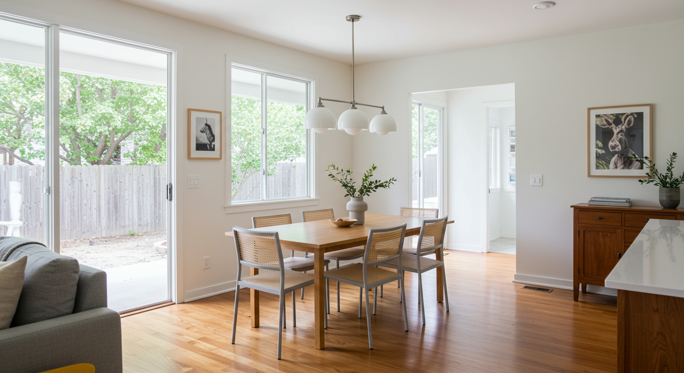 a dining room with a table and chairs