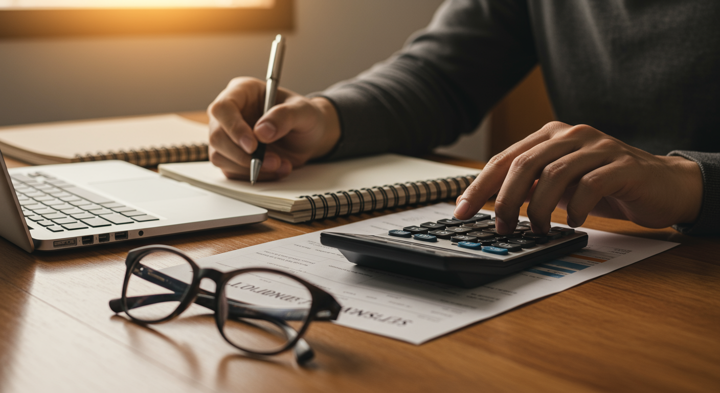 Hands calculating figures on paperwork beside a laptop, notebook, and eyeglasses.