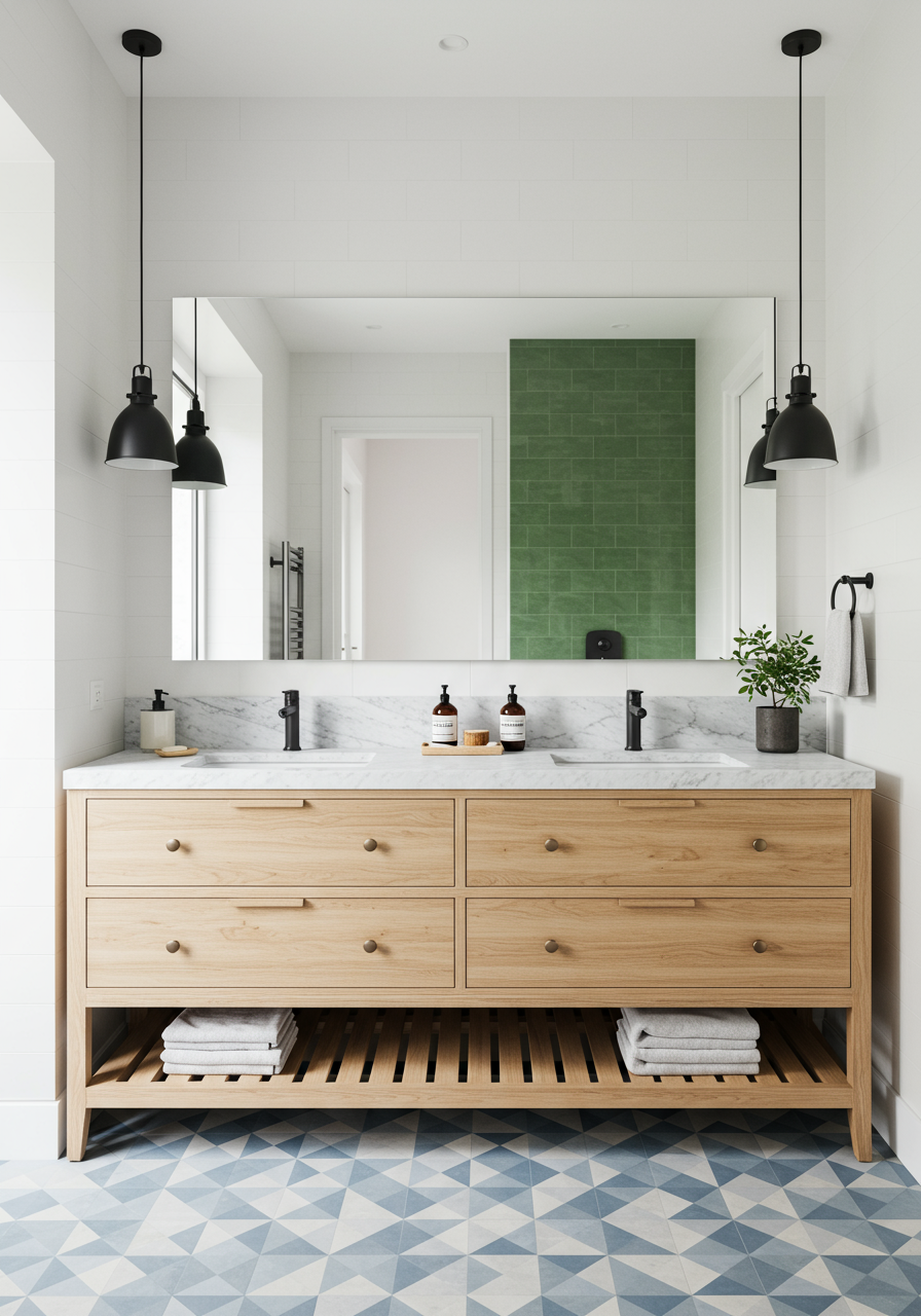 West says that you should choose a bold, colorful tile for the floor, and then run it up the side of a wall as an eye-catching accent. That's what she did in this kids' bathroom.&nbsp;