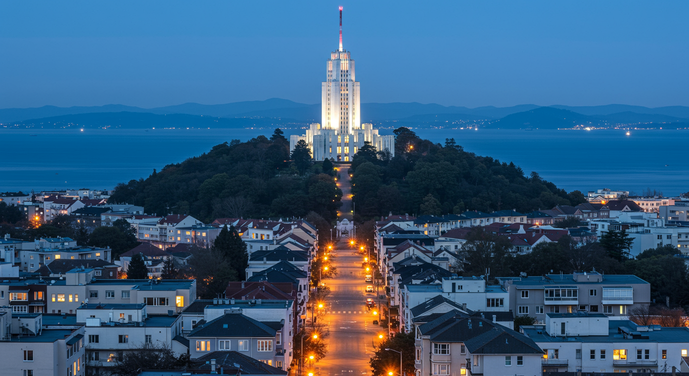 Aerial dusk view of Coit tower in downtown San Francisco