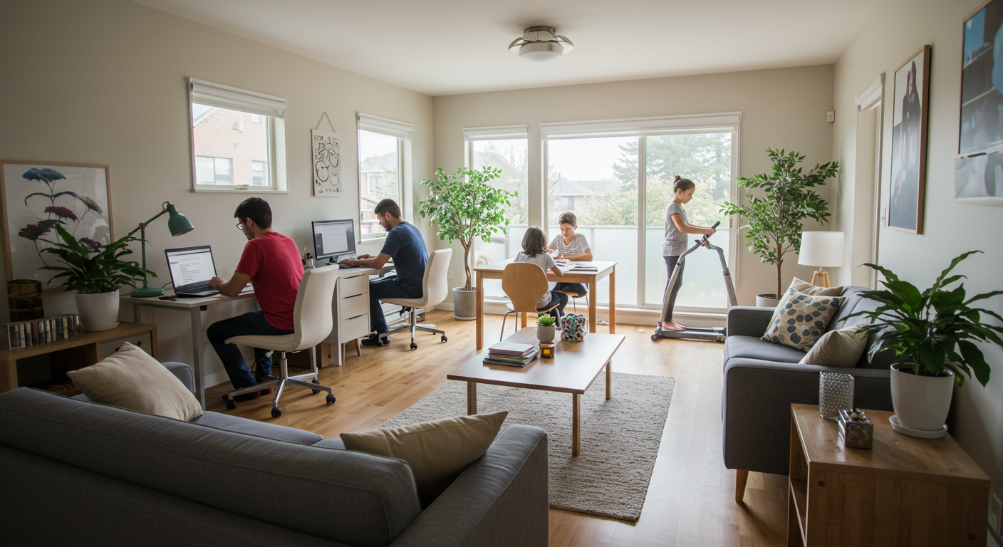Open-plan living room with two adults working, children at a table, and a treadmill by large windows.