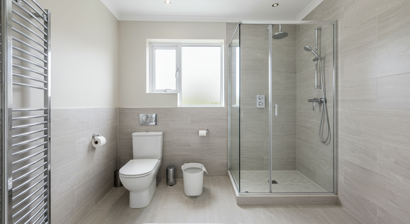 a bathroom with a shower and toilet