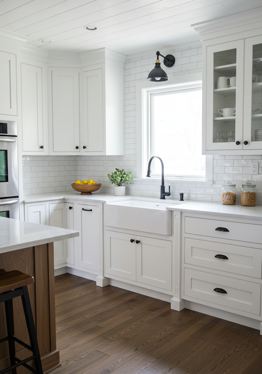 Bright white kitchen with a farmhouse sink beneath a window and dark wood flooring.