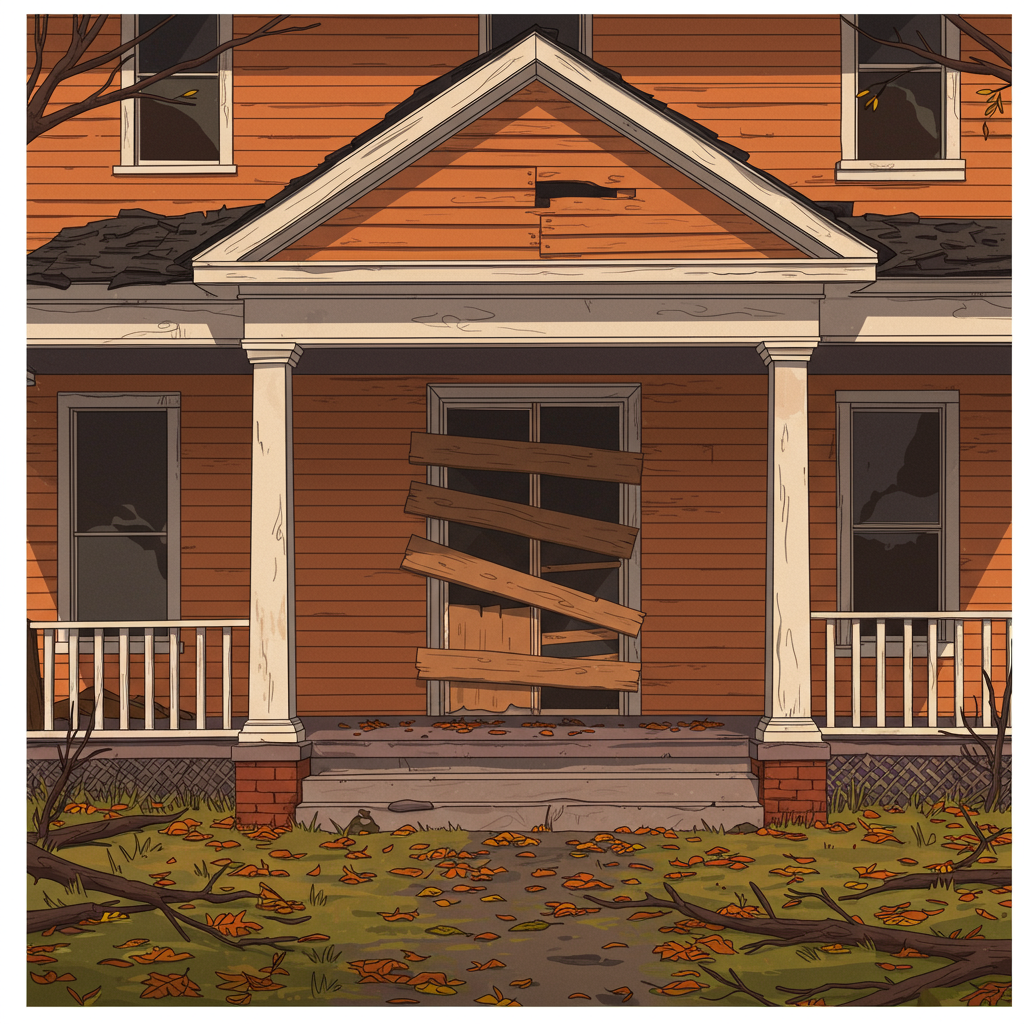 Storm-damaged house with a boarded front door, damaged roof, and fallen branches across the yard.