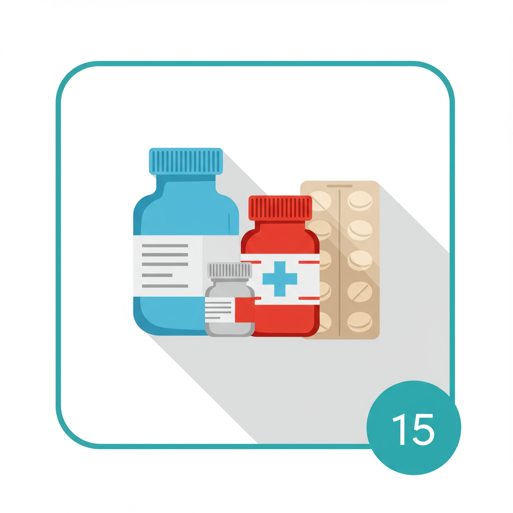 Number 15 beside medicine bottles and a blister pack.