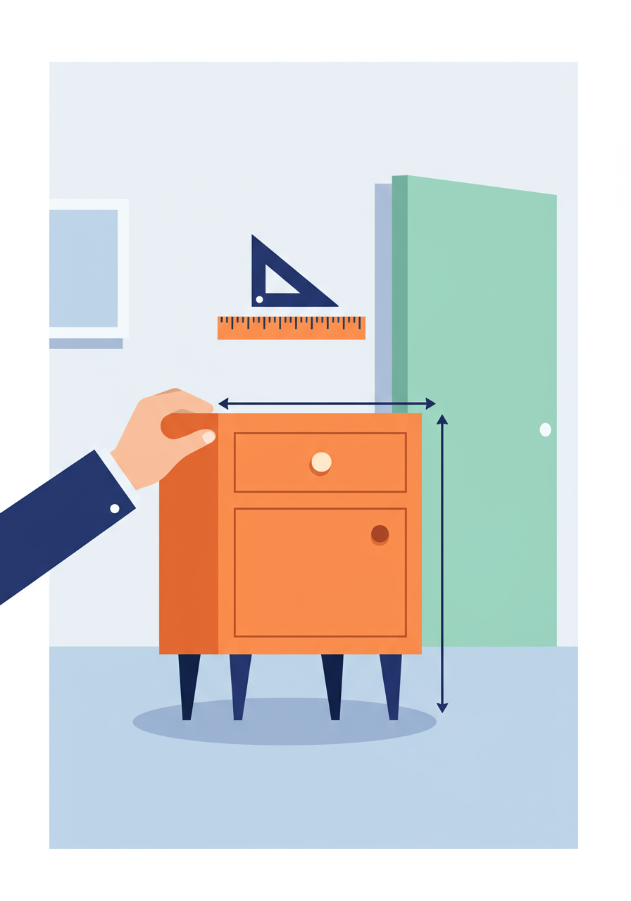 A person measures an orange cabinet with a ruler and arrows beside a green door.