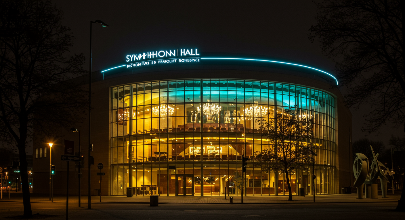 The Louise M. Davies Symphony Hall glows against the San Francisco night sky. This impressive building is home to the San Francisco Symphony Orchestra, one of the oldest and acclaimed orchestras in the United States. Designed by architect Louis M. Davies, the hall opened in 1972 and is known for its beautiful architecture and acoustics.