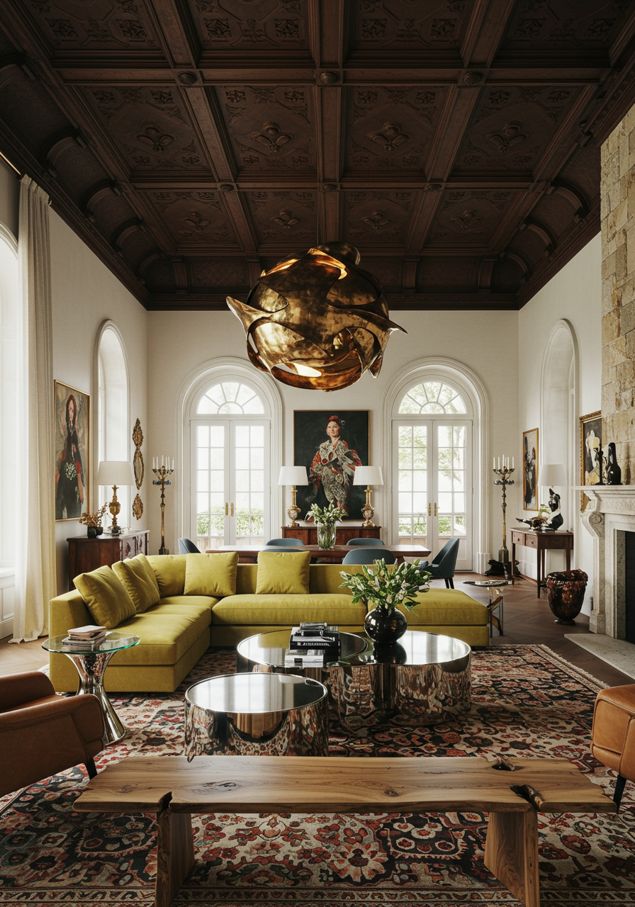 A tall living area with high wooden ceilings. Two floors are visible. The room has a long dining table with eight chairs, a piano, a curved yellow sofa next to a reflective cloud-shaped coffee table. 