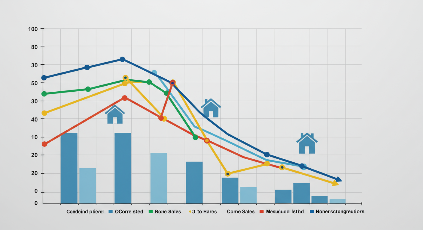 Real estate market chart with declining colored lines, blue bars, and house icons.
