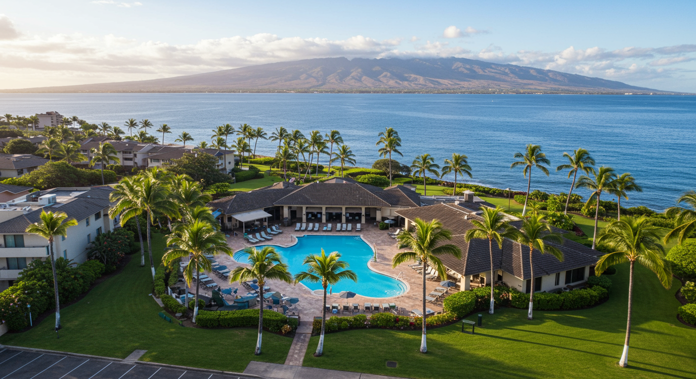 Birds eye view of the Puamana ocean pool , club house and the scenic West Maui Mountains
