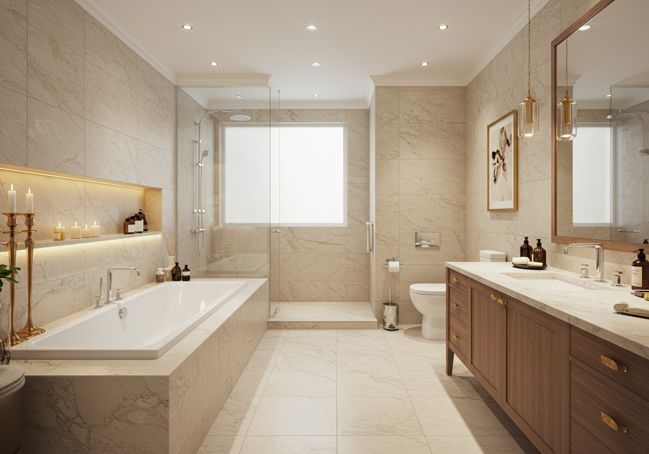 Marble bathroom with a built-in tub, glass shower, and long wood double-sink vanity.