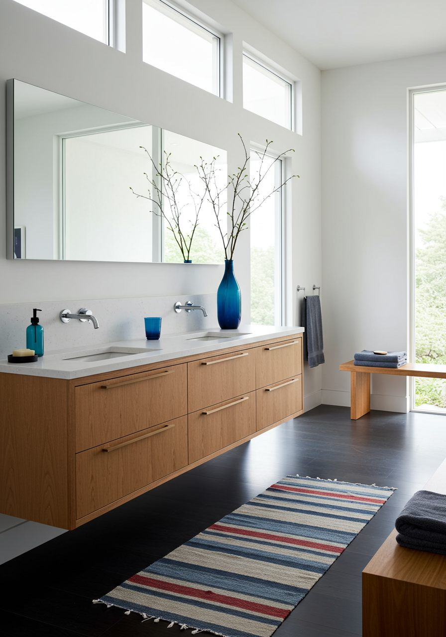 bathroom the designer chose minimal finishes and millwork that didnt distract from the nature outside paint all white, farrow ball sconces rich brilliant willing millwork teak, northstar cabinet construction