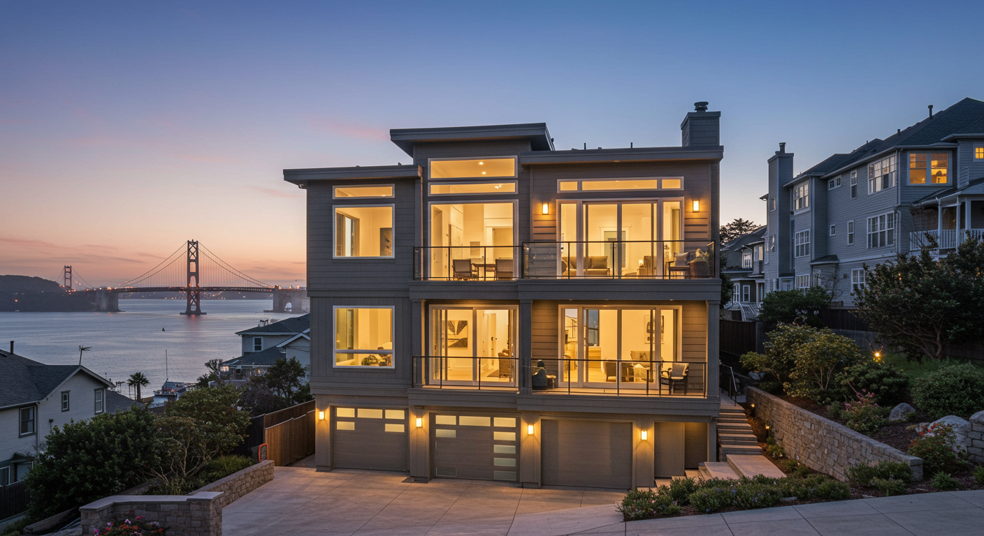 Modern multi-story home glowing at dusk, with balconies, three garage doors, and a suspension bridge across the bay.