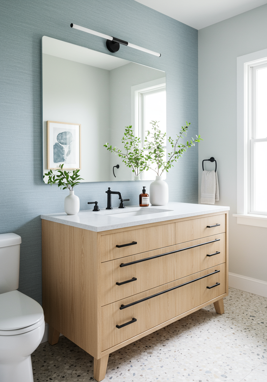 blue bathroom with wood vanity