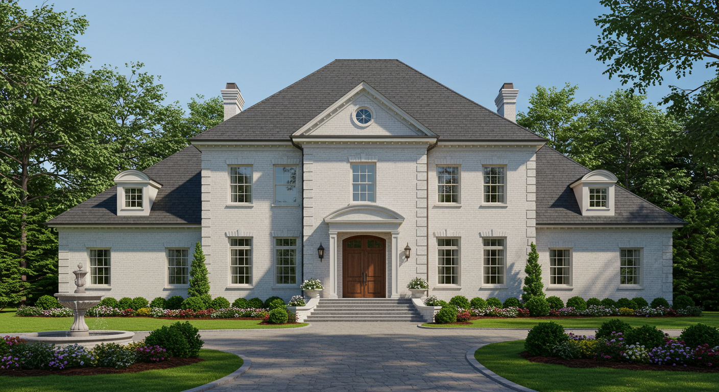 A grand two-story white house with six-over-six shutters, a stone pathway to the front door, and a front fountain and lawn.