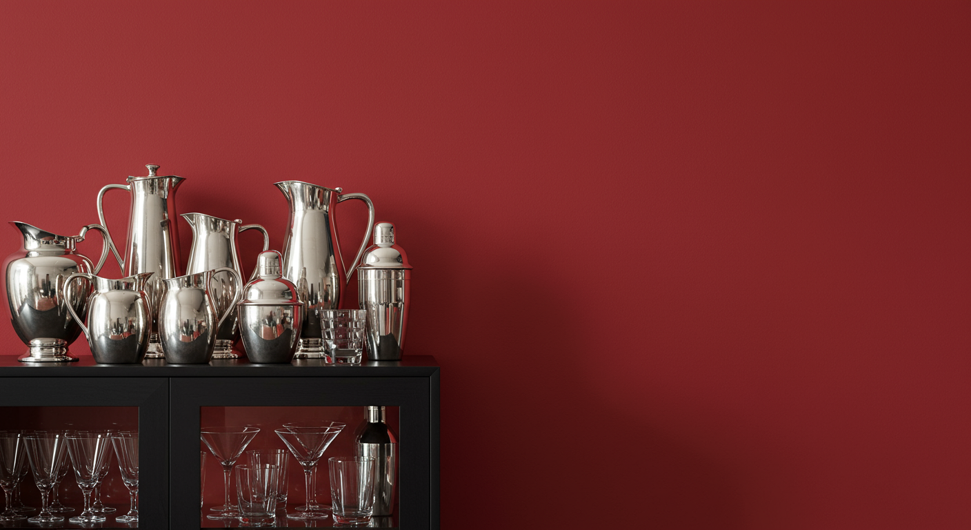 Metal pitchers atop black-painted cabinet with various glasses on the shelves in front of Raspberry Blush red-painted walls.