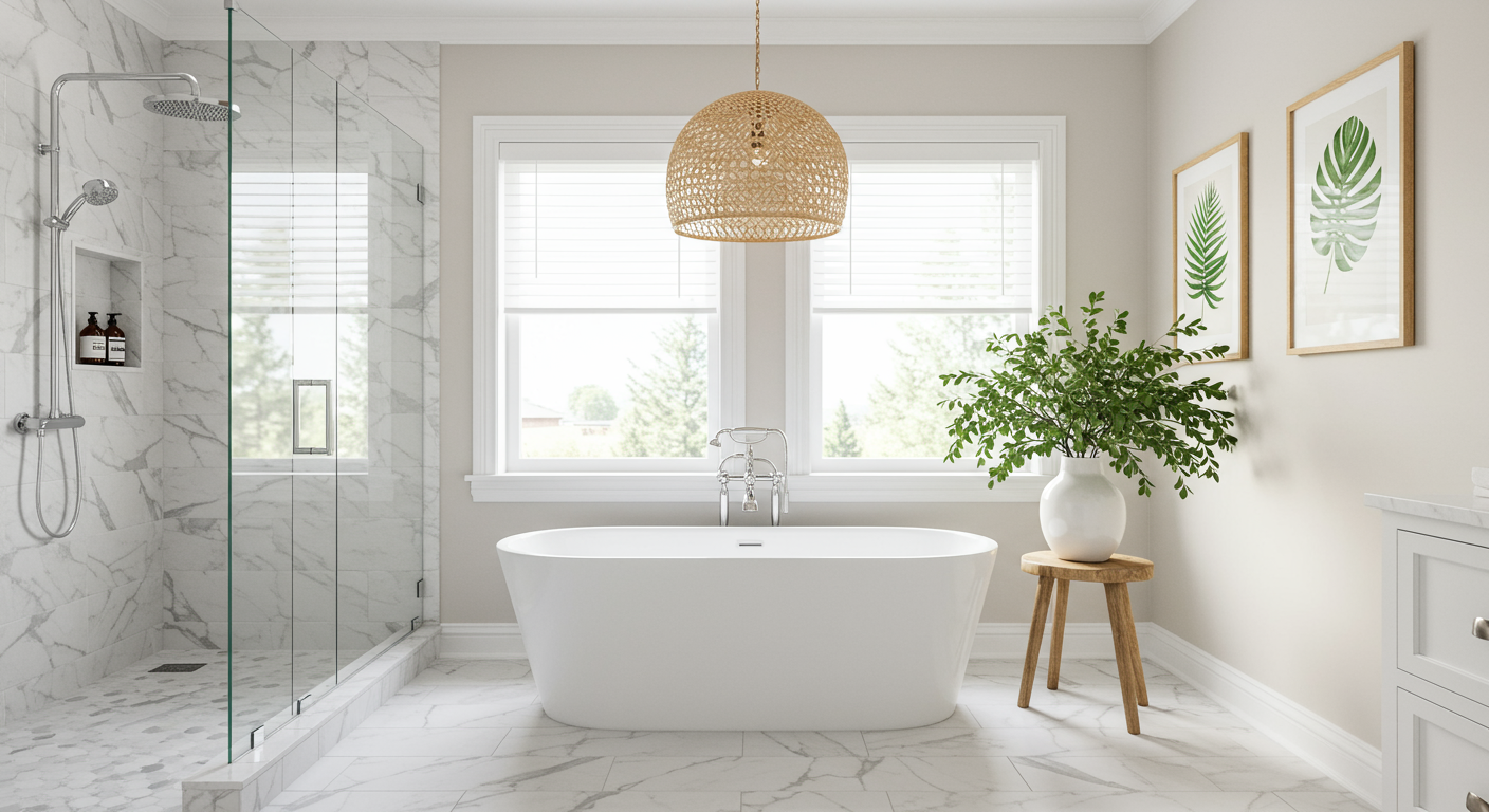 Bathroom With Woven Bell Pendant