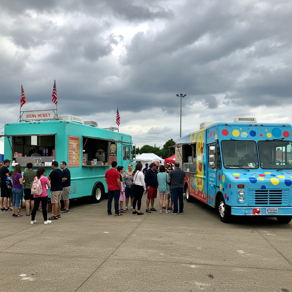 People line up at a turquoise and a brightly spotted blue food truck.