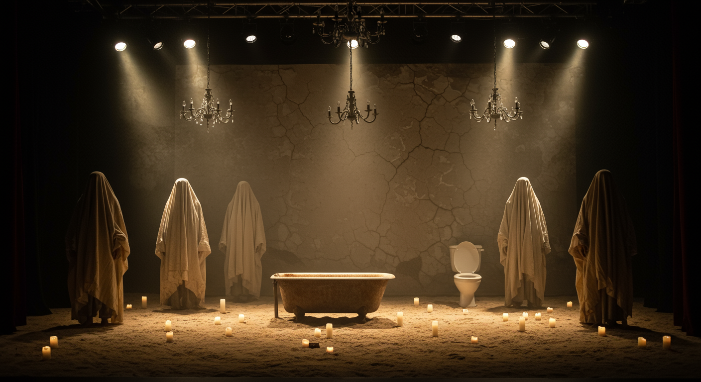 Witness the dramatic and atmospheric scene at&nbsp;The Magic Theatre&nbsp;in San Francisco. The stage is set with suspended clothing, atmospheric lighting, and vintage props, creating a captivating visual experience. This is where new plays come to life!