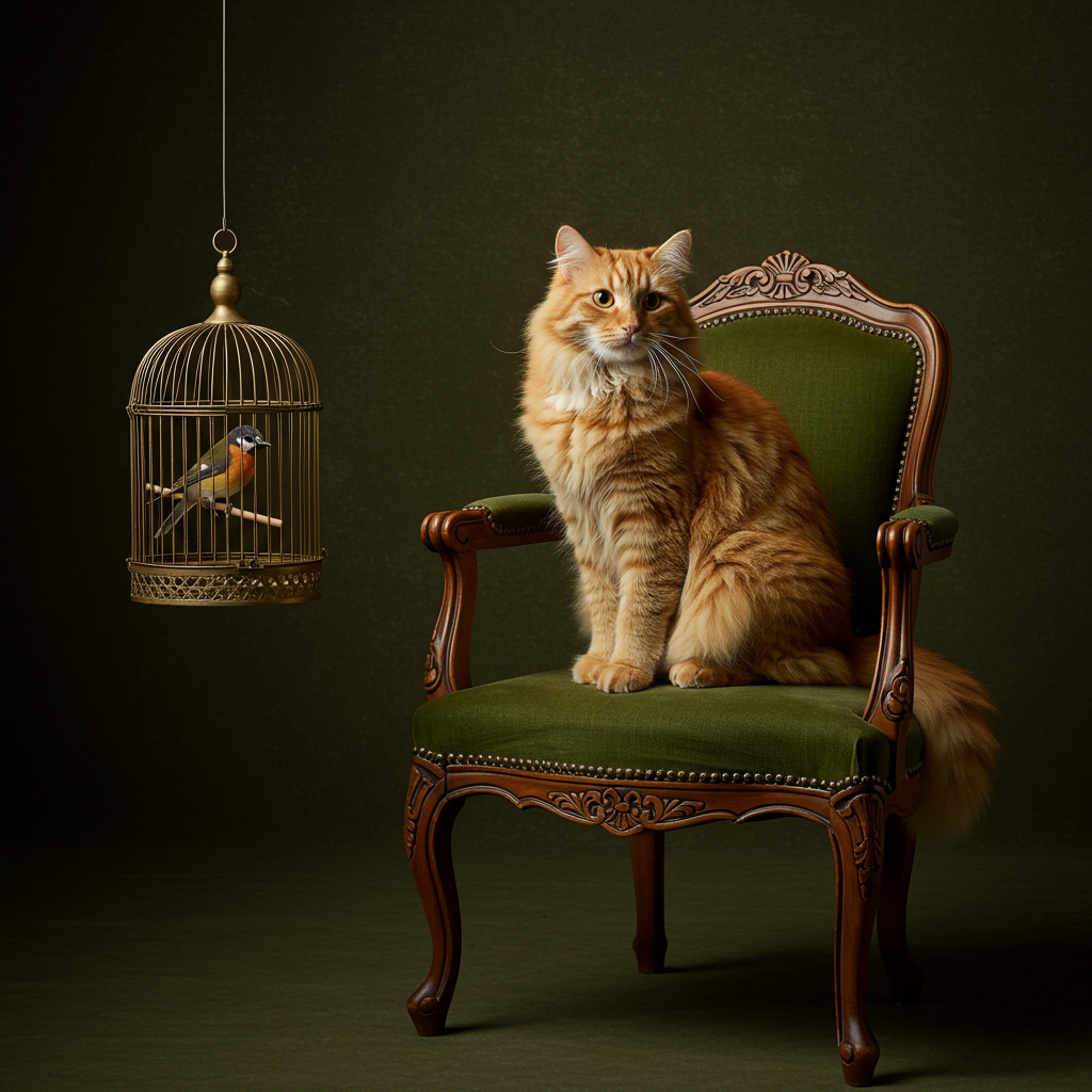 A cat on a chair and a little bird in a cage nearby, both taking a nap.