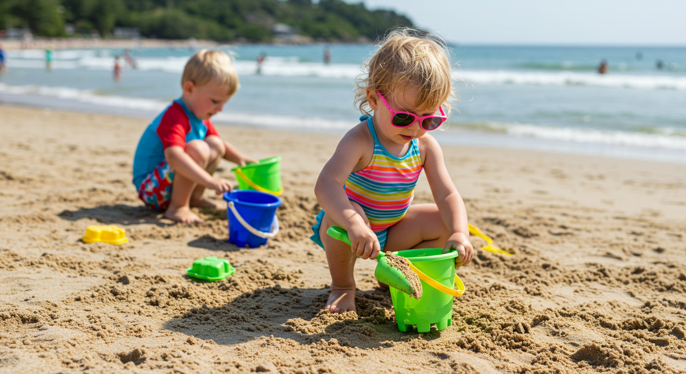 Children play in beach sand with colorful buckets and a green shovel.