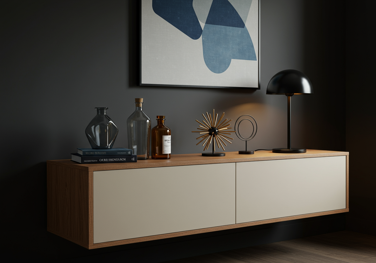 Modern console cabinet with glass bottles, sculptural ornaments, and a black dome lamp beneath abstract artwork.