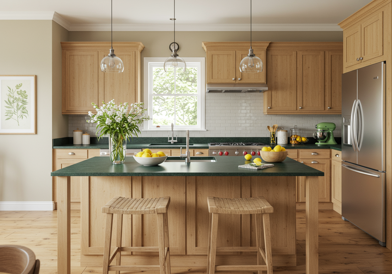 A staged kitchen featuring cherrywood cabinets 